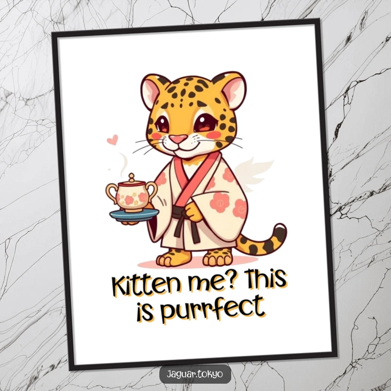 Funny Free Printable Wall Art: Playful Jaguar in Kimono, Gracefully Balancing a Tea Set.