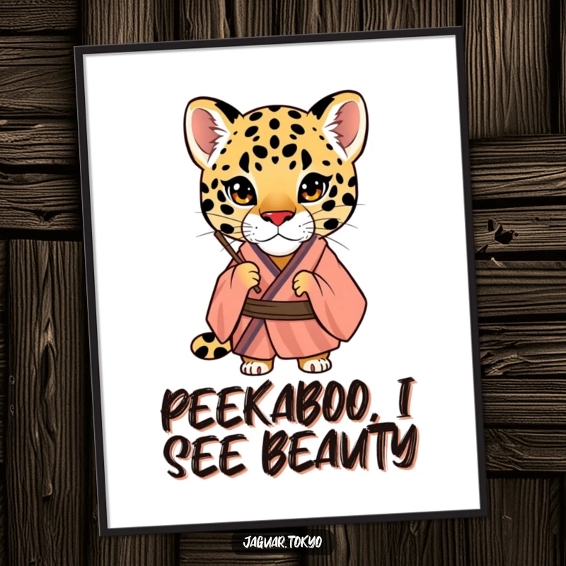 Funny Free Printable Wall Art: A curious jaguar in a striped kimono peers through a traditional fan, adding intriguing charm.