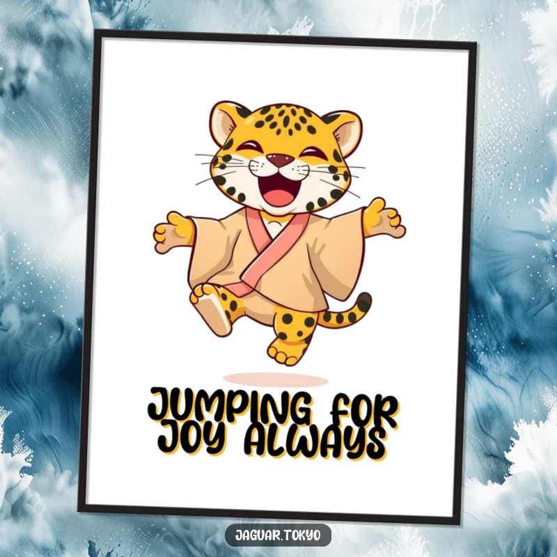 Playful Free Printable Wall Art: A jaguar in a brightly colored kimono is captured mid-jump, radiating pure, unbridled glee.
