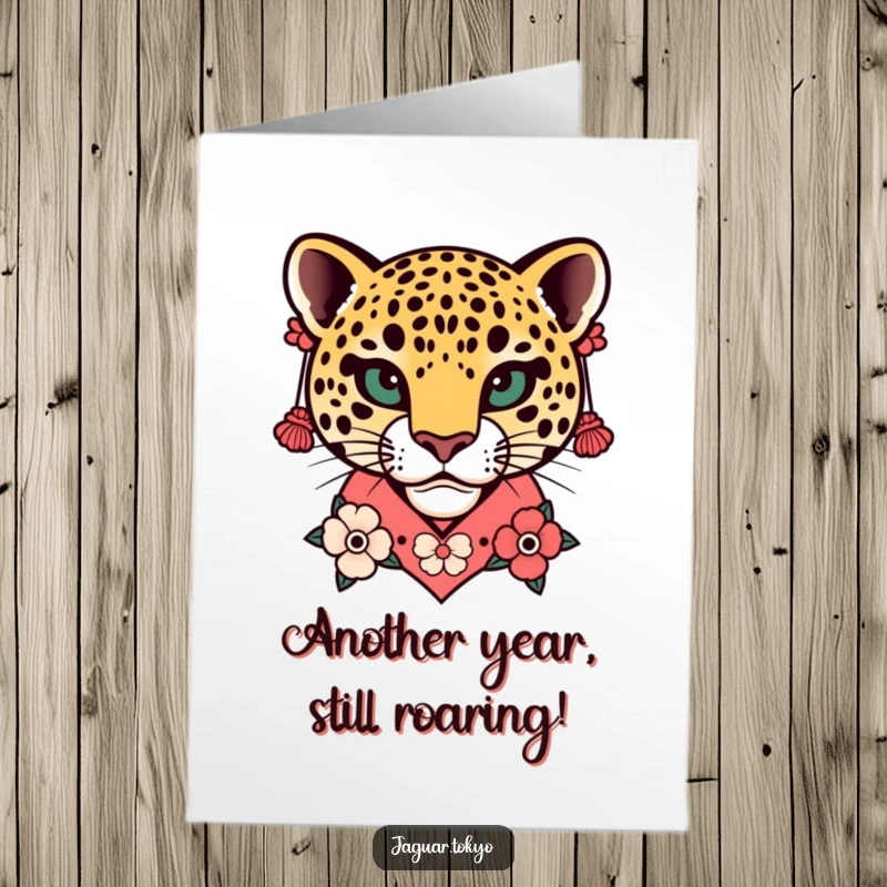 Funny Free Printable Birthday Card: A stylized jaguar head wearing a floral kimono collar and elegant earrings.