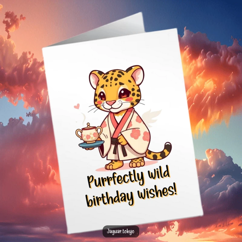 Funny Free Printable Birthday Card: Playful Jaguar in Kimono, Balancing Tea Set with a Grin.
