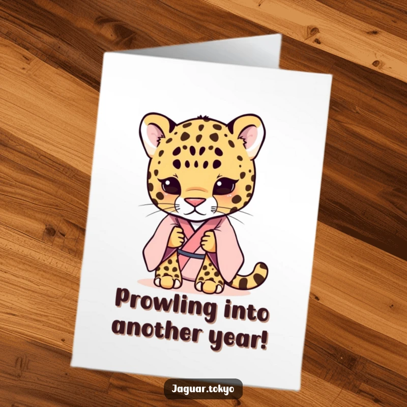 Funny Free Printable birthday card featuring a shy jaguar in a pastel kimono, bowing gracefully with a sweet, soft expression.