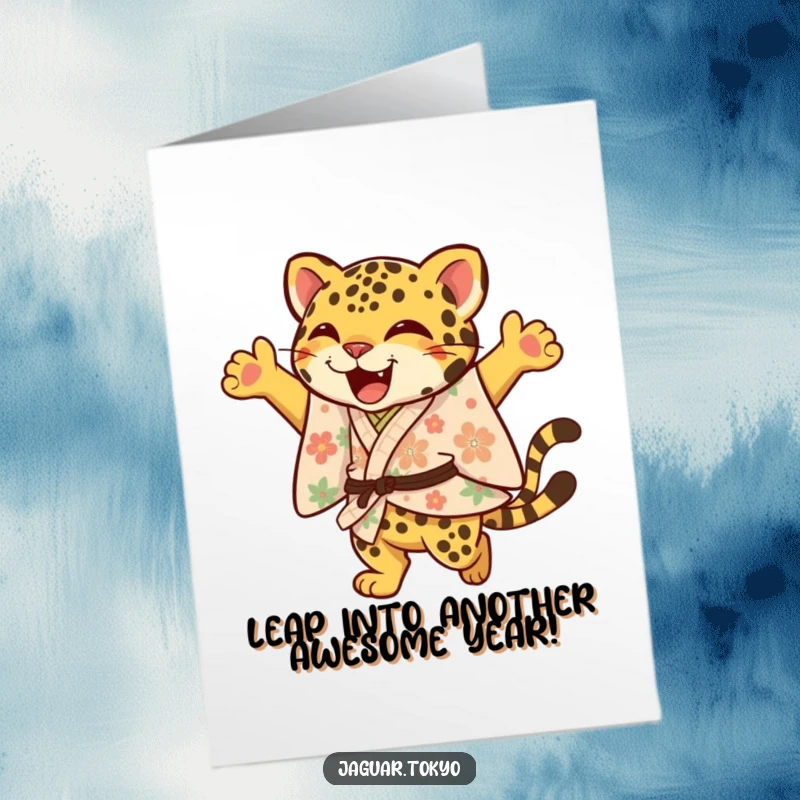 Funny Free Printable Birthday Card: A joyful jaguar in a floral kimono leaps with an elegant flourish, celebrating happiness.