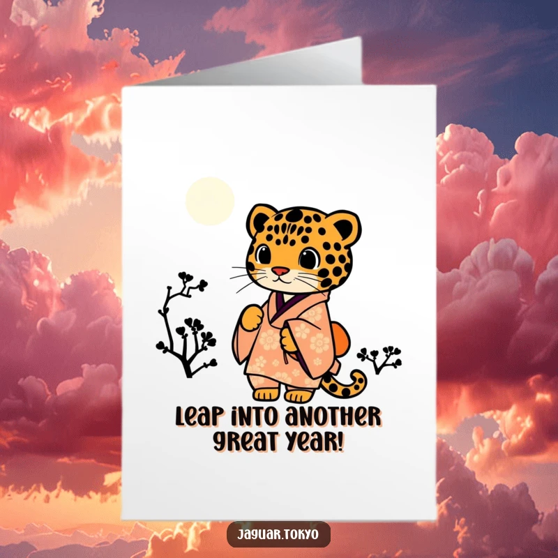 Funny Free Printable Birthday Card featuring a silhouetted jaguar in a kimono under a starry night sky.