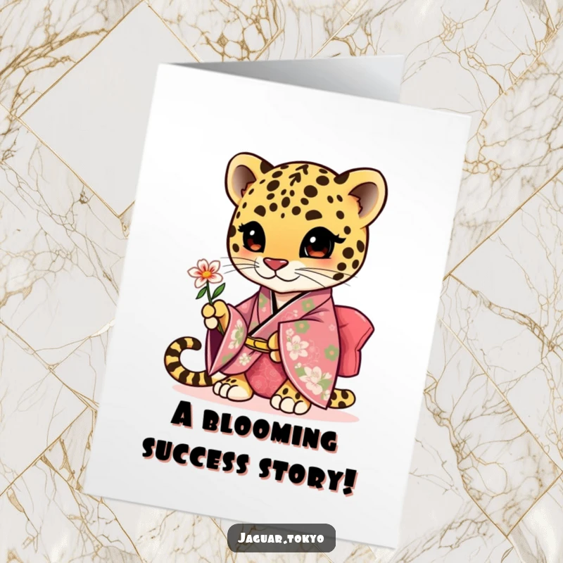 Funny Free Printable Congrats Card: A cute jaguar in a floral kimono presents a delicate flower.