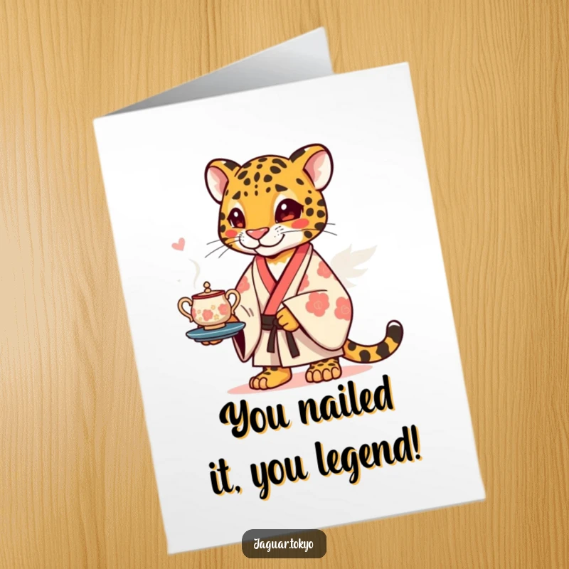 Funny Free Printable Congrats Card: Jaguar in Kimono, Balancing Tea Set in Celebration.
