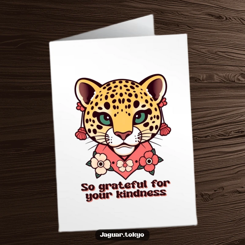 Funny Free Printable Thank You Card: A stylish jaguar head adorned with a beautiful floral kimono collar and earrings.