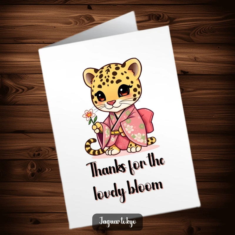 Funny Free Printable Thank You Card: A cute jaguar in a floral kimono gracefully offers a small flower.
