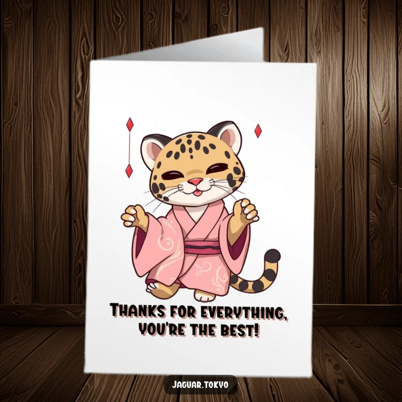 Funny Free Printable Thank You Card: A sleek jaguar in a silken kimono playfully bats at threads, showing appreciation with flair.