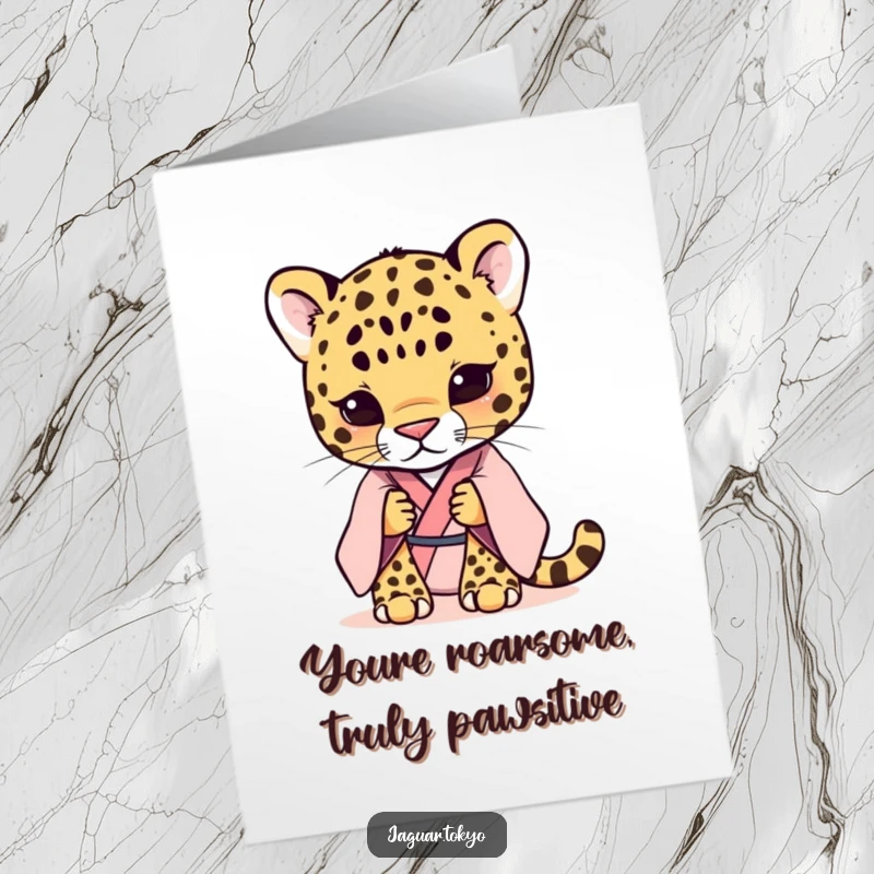 Funny Free Printable thank you card with a shy jaguar in a pastel kimono, dipping its head politely in gratitude.