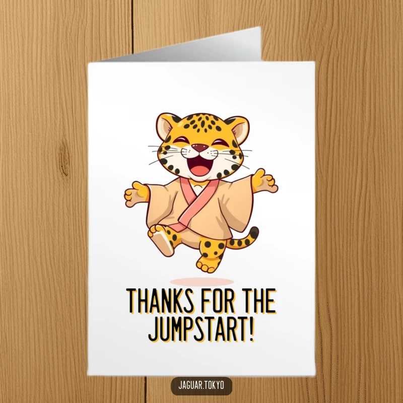 Playful Free Printable Thank You Card: A jaguar in a brightly colored kimono jumps with infectious glee to say thank you.