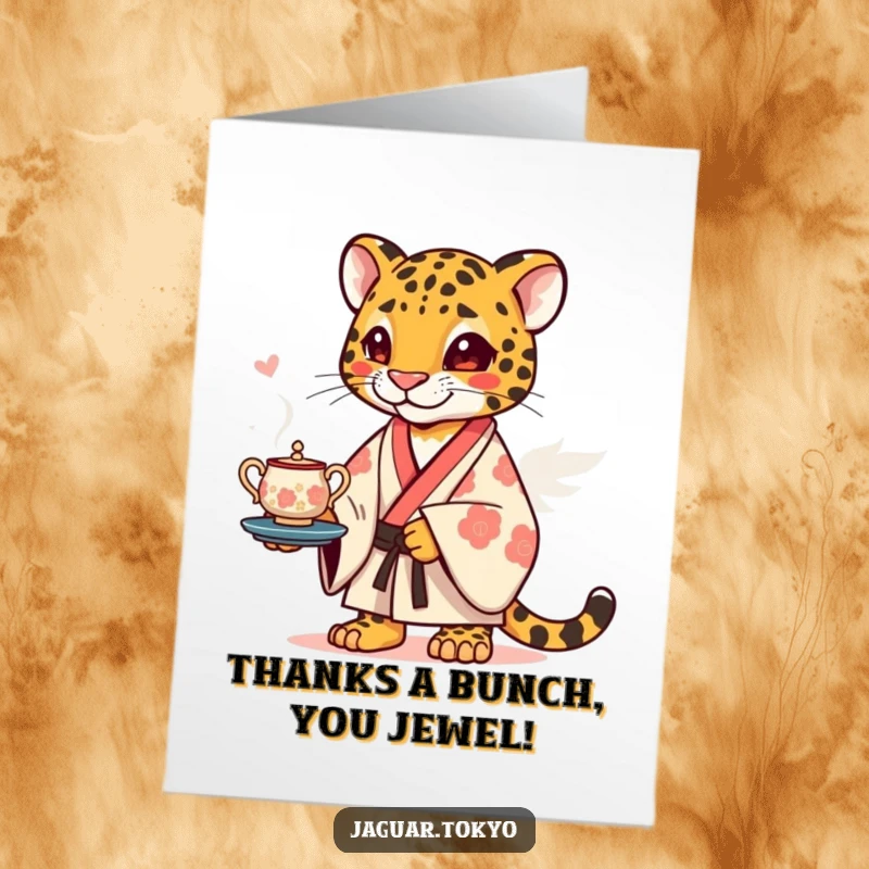 Funny Free Printable Thank You Card: Playful Jaguar in Kimono, Offering Tea with Gratitude.