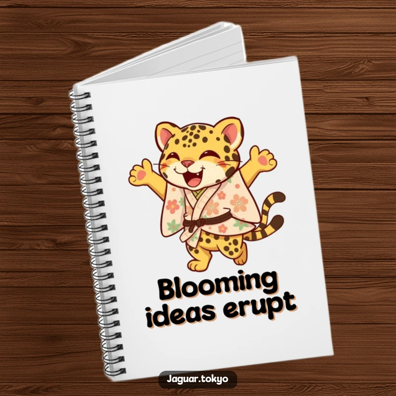 Funny Jaguar Notebook, a joyful jaguar in a floral kimono leaps with an elegant flourish, ideal for journaling with vibrant humor.