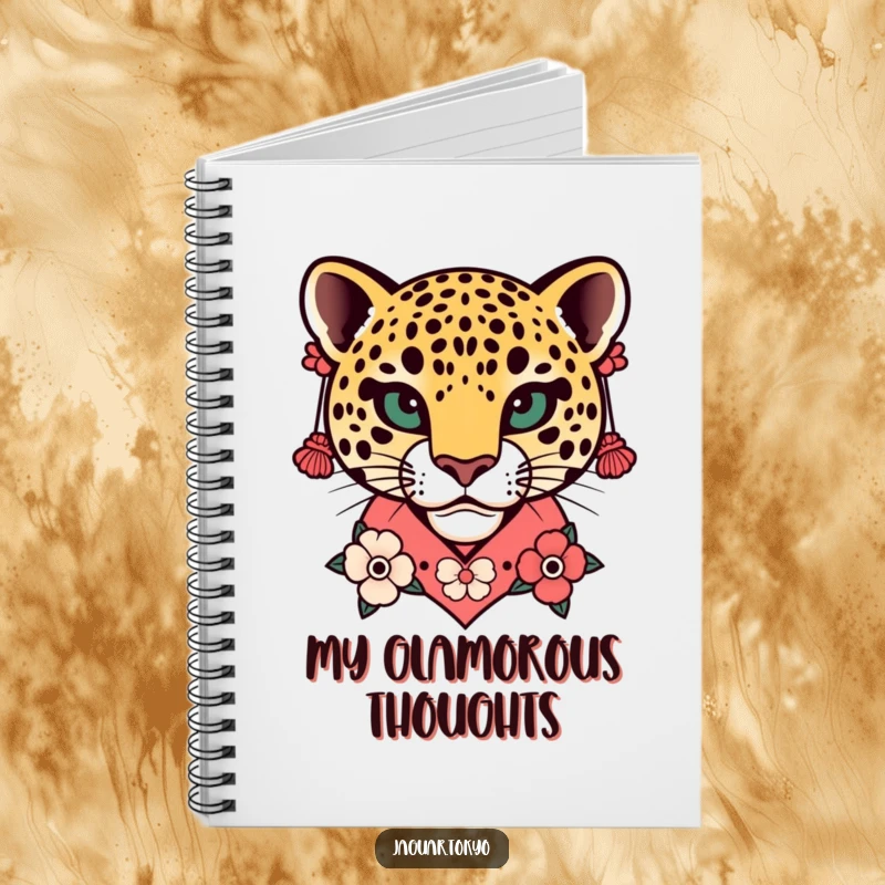 Funny Floral Jaguar Head Kimono Notebook featuring a stylized jaguar head with intricate floral kimono collar and decorative earrings.