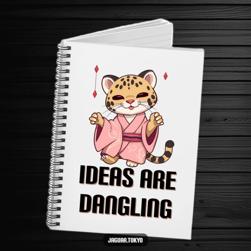 Funny Jaguar Notebook, a sleek jaguar in a kimono playfully batting threads, perfect for journaling with elegance and humor.