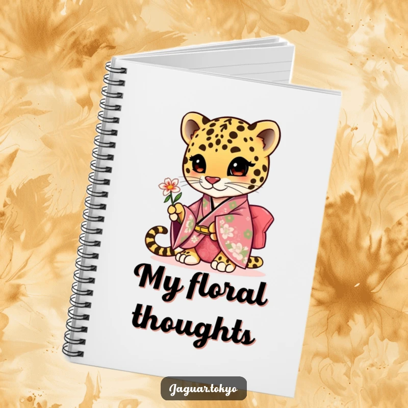 Funny cute jaguar notebook, featuring an adorable jaguar in a floral kimono offering a small flower.