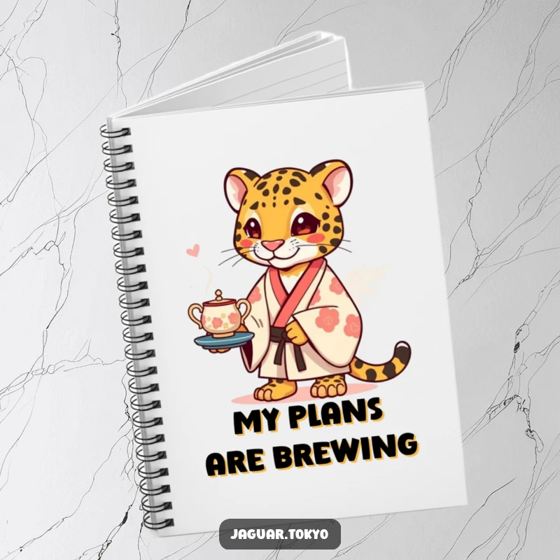Funny Notebook with a jaguar in a kimono balancing a stylized tea set on its cover, perfect for journaling and creative ideas.