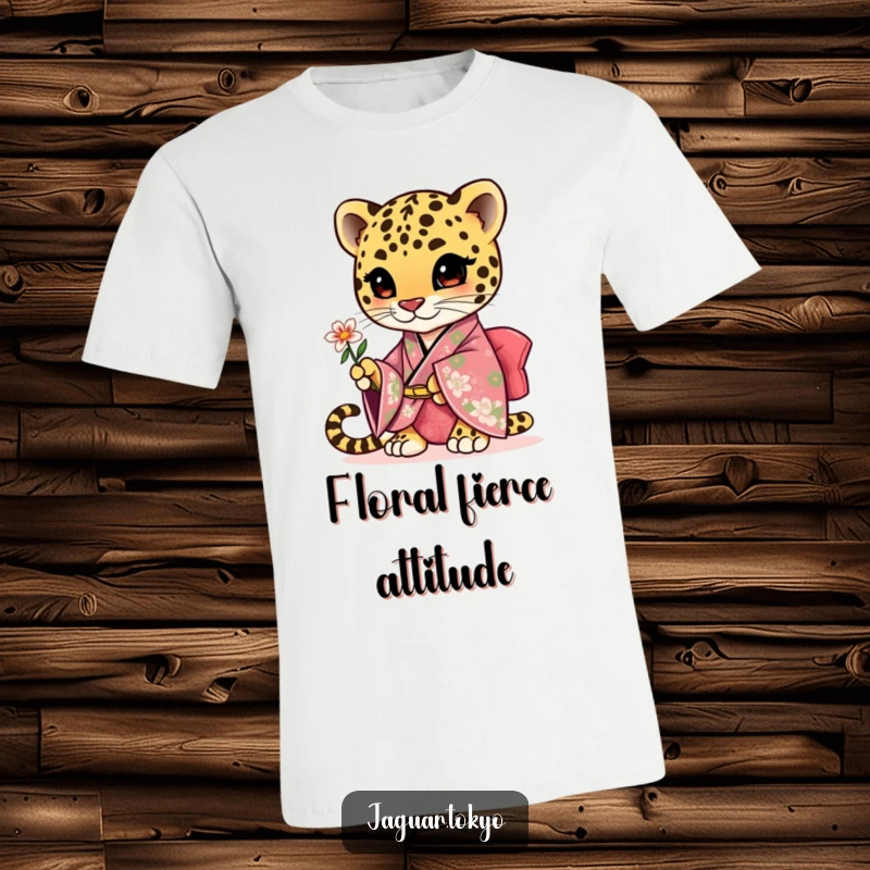 Funny cute jaguar t-shirt, a charming jaguar in a floral kimono offering a small flower with a gentle expression.