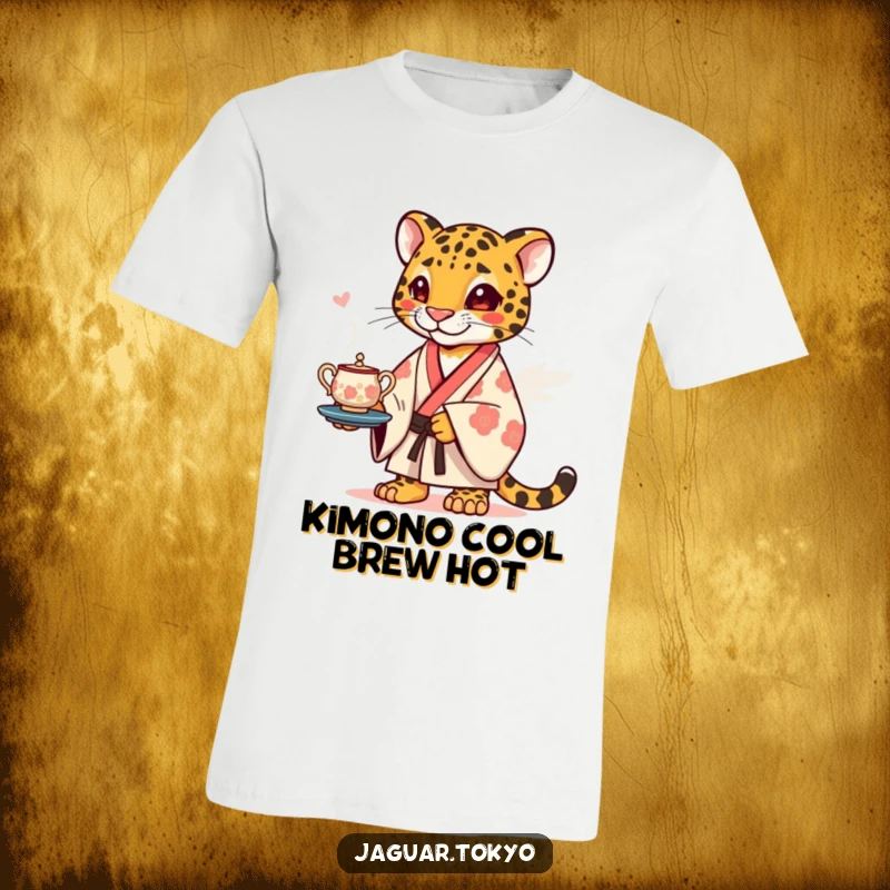 Funny T-Shirt showcasing a stylish jaguar in a traditional kimono, humorously balancing a delicate tea set with a mischievous grin.