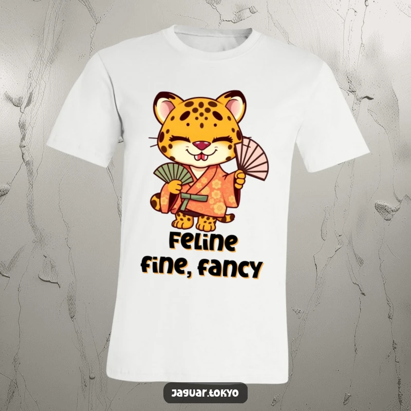 Funny jaguar t-shirt, a stylish jaguar in a vibrant kimono with a sly grin, holding a decorative fan.