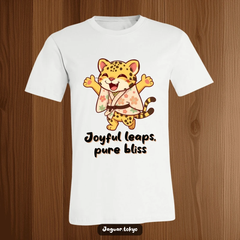 Funny Jaguar T-Shirt, a joyful jaguar in a floral kimono leaps with an elegant flourish, capturing a moment of pure exhilaration.