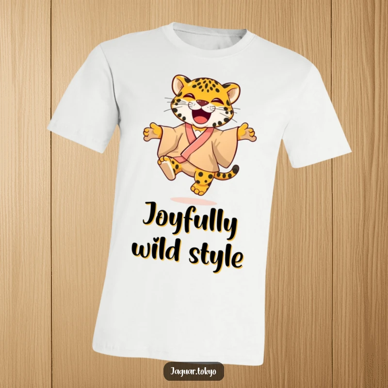 Playful T-Shirt showcasing a jaguar in a colorful kimono, captured mid-jump with infectious glee and vibrant feline energy.