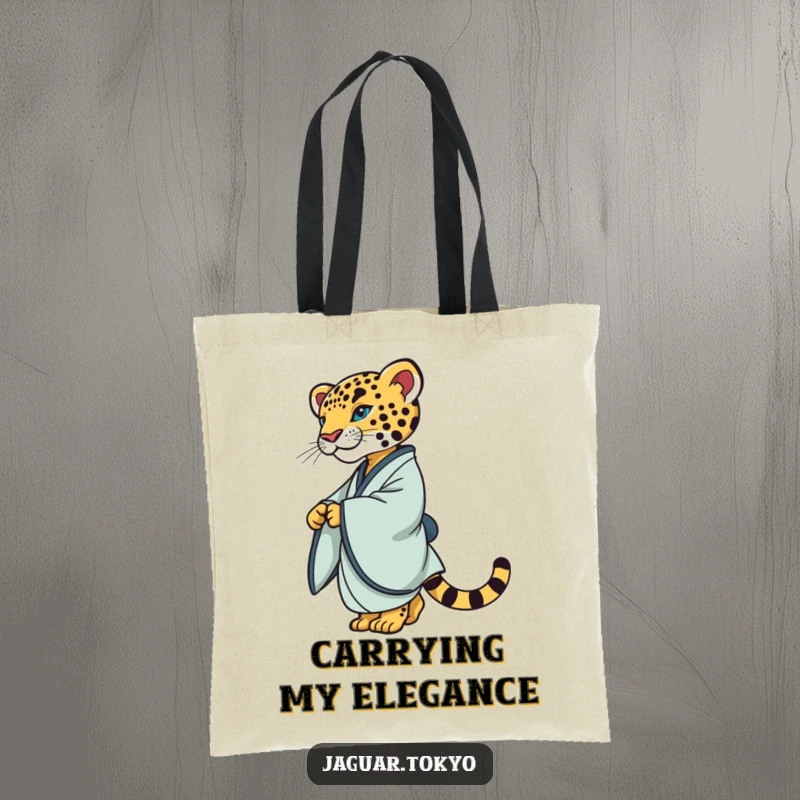 Chic Tote Bag showcasing a sophisticated jaguar in a simple kimono, gracefully twirling, perfect for carrying items with feline elegance.