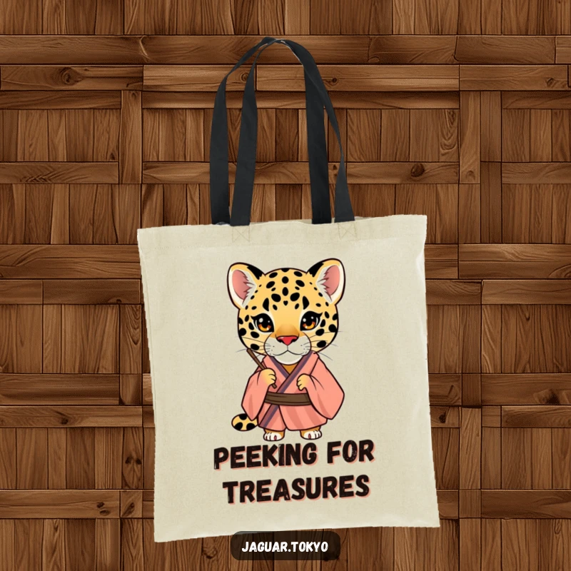 Funny Jaguar Tote Bag, a curious jaguar in a striped kimono peers through a fan, ideal for carrying items with a touch of mystery.